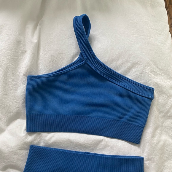Gymshark Pants - Amazon One Shoulder Shorts Blue Ribbed Workout Set